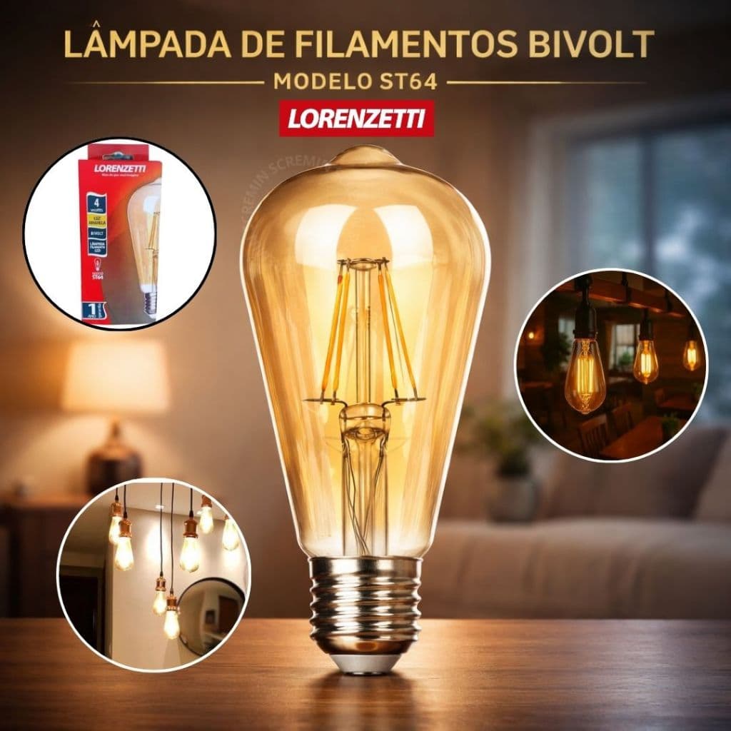 Lâmpada De Filamento Led Amarela Decorativa 4w St64 Bivolt - Lorenzetti