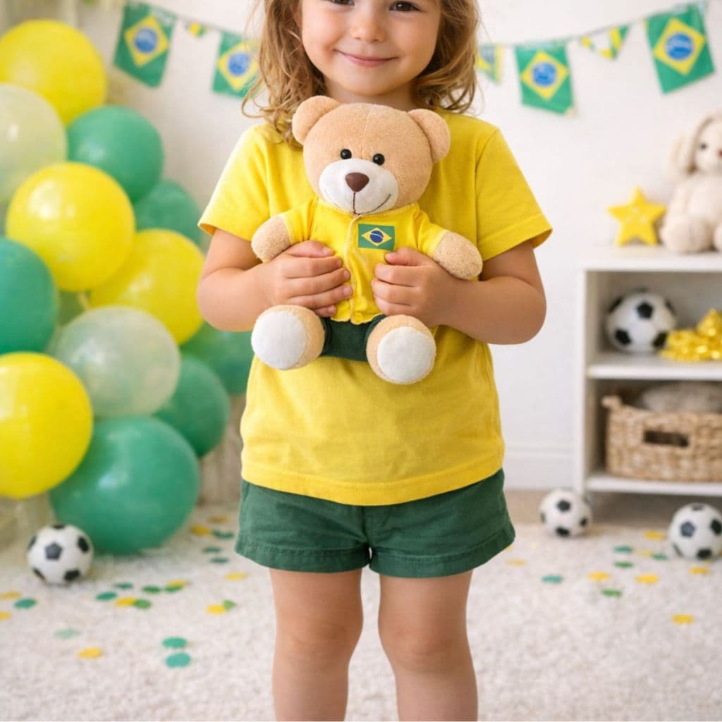 Urso De Pelúcia Temático seleção Brasileira copa do mundo 25 cm Urso pelúcia temático futebol