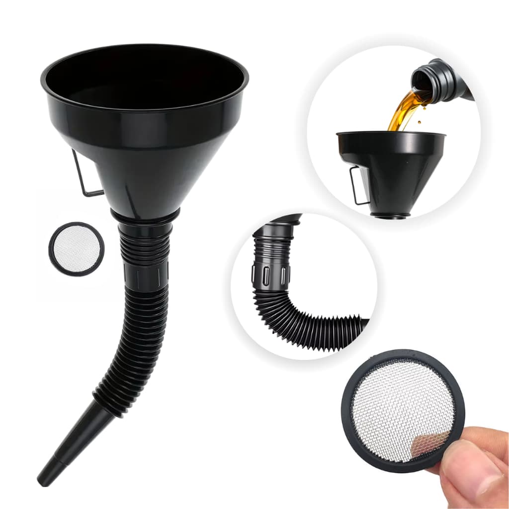 Funil Automotivo 145mm Preto Ponta Flexível Com Peneira Filtro Troca de Óleo Combustível Carro Moto