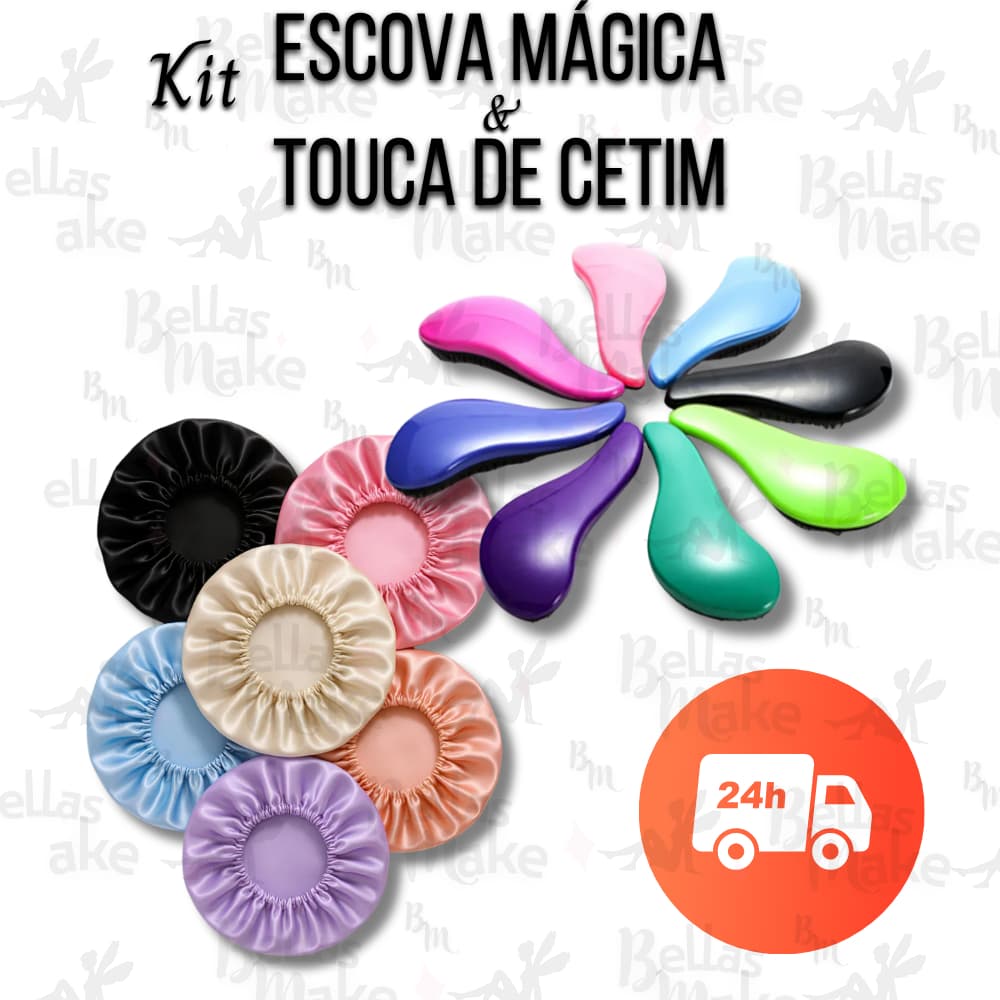 Kit Atacado Revenda 20 Ou 50 Escovas Mágicas Desembaraçadoras + Toucas De Cetim Anti Frizz