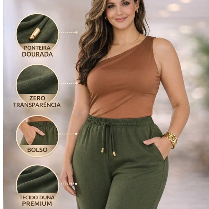 Calça Feminina Pantalona Duna com Bolso Cintura Alta Lisa Social Elegante Confortável