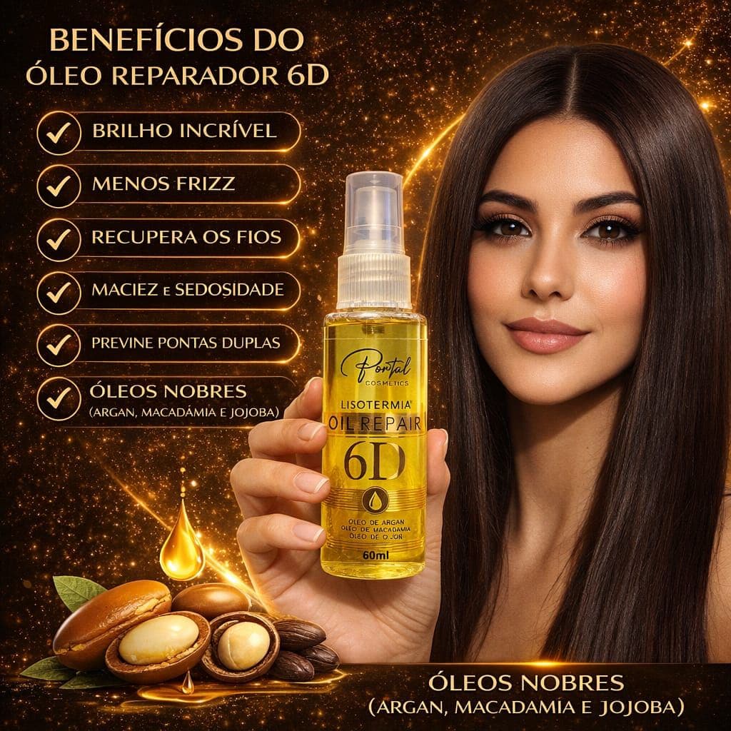 Óleo Reparador Lisotermia 6D 60ml Anti Frizz Brilho Intenso Maciez Reparação com Argan Macadâmia e Ojon Portal