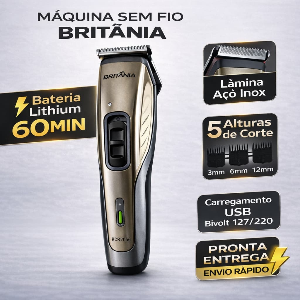 Britânia Barbeador BCR20SG Máquina  Profissional de Cortar Cabelo Barba Bivolt Sem Fio 60min