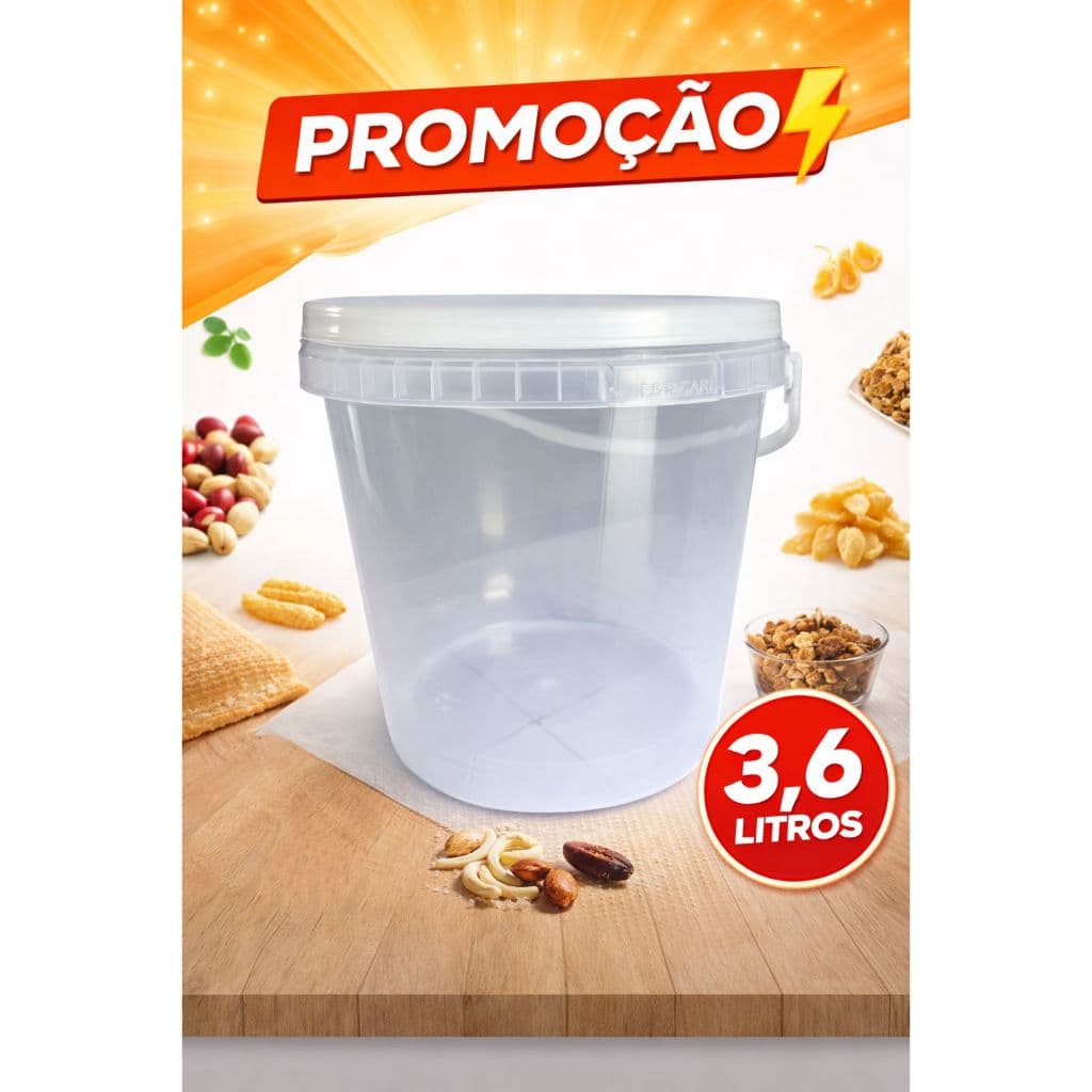 Balde 3,6 litros para armazenamento com tampa, lace e alça resistente pote/baldinho de alimentos