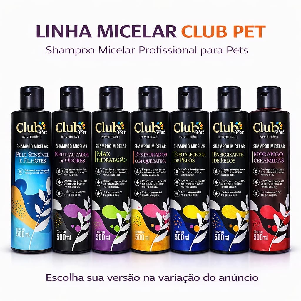 Shampoo Micelar Pet 500ml Club Pet Pele Sensível Filhotes Odores Hidratação Queratina