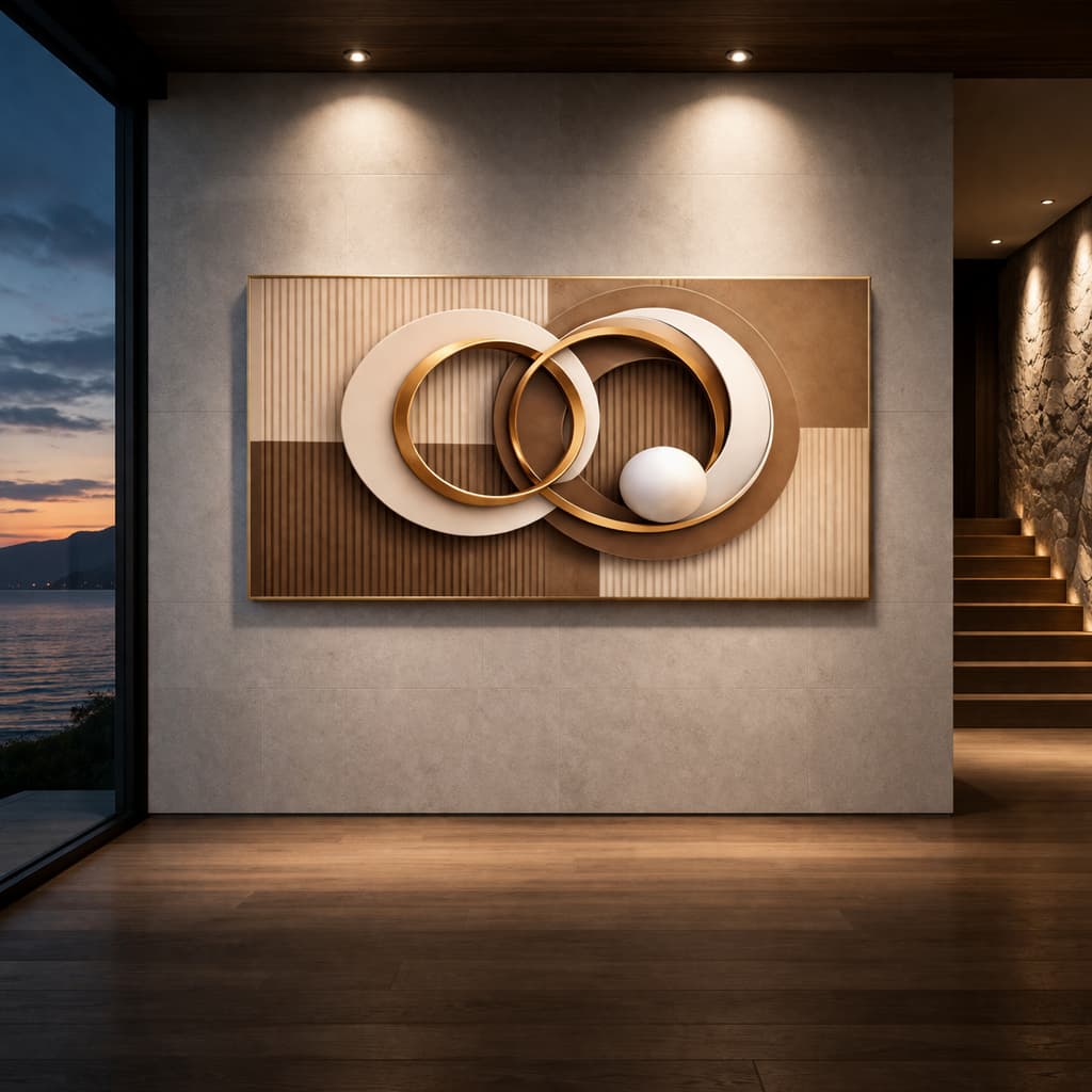 Quadro Decorativo Design Circular Geométrico Tons Terrosos Neutro Anéis Entrelaçados Arte Moderna