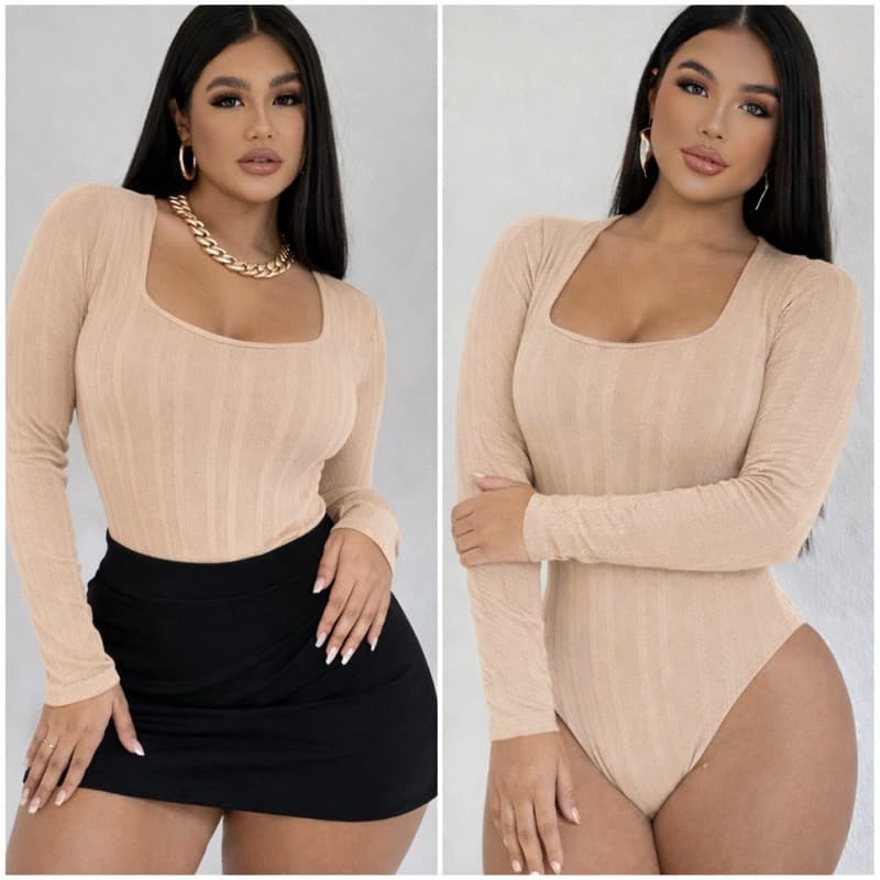 Body Femenino Manga Longa Canelado Ribana Premium Gola Quadrada Ajustável Moda Inverno Tamanho Único
