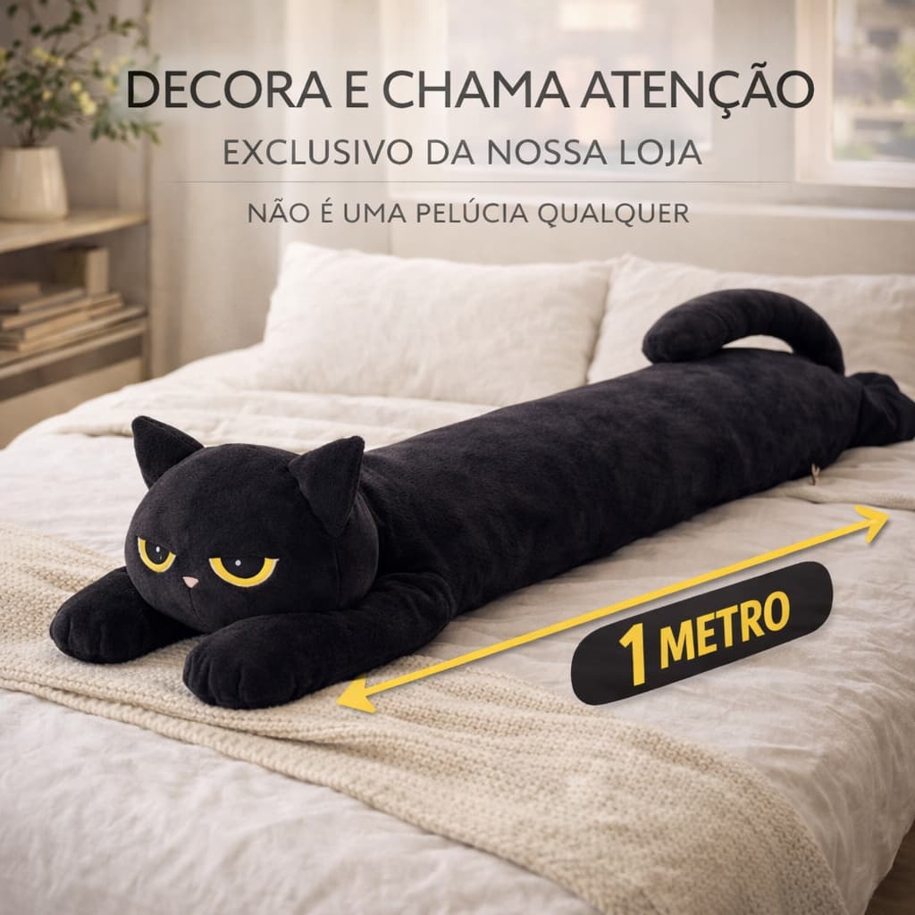 Pelúcia Gato Preto Gigante 1 Metro e 50 cm Almofada Fofa Grande Toque Macio Decoração Presente