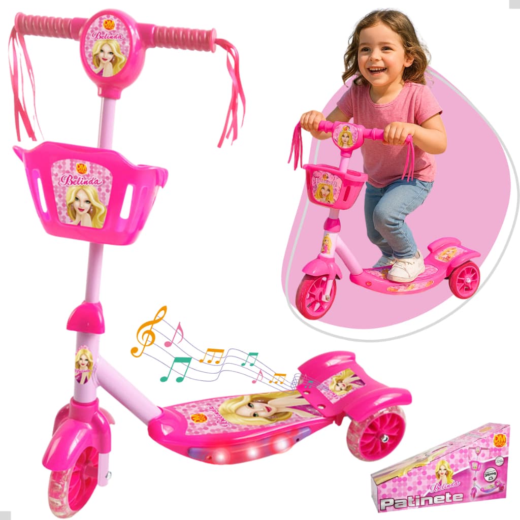 Patinete Infantil Meninas 3 Rodas Som Luz Cestinha Brinquedo Crianças Até 35kg