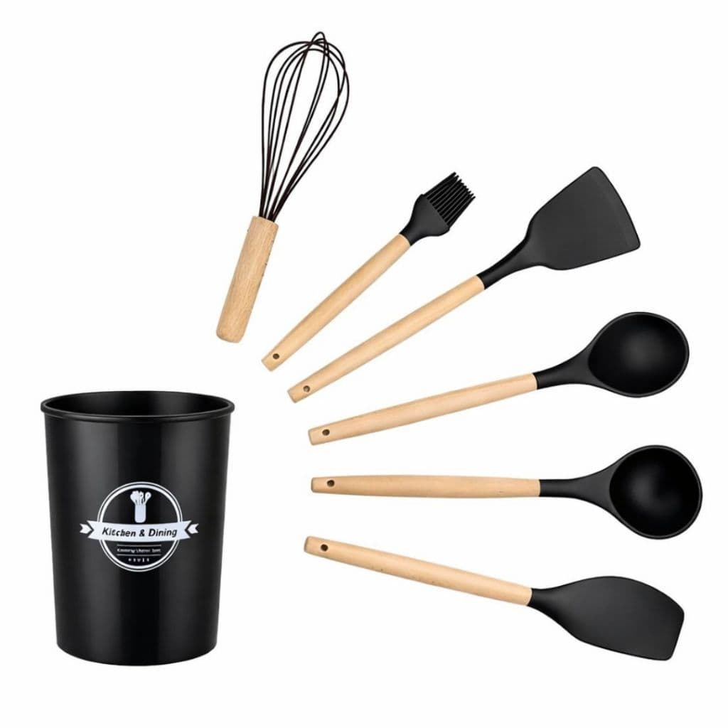 Jogo Kit Utensílios Cozinha 7 Peças Silicone Cabo Madeira Lehavi