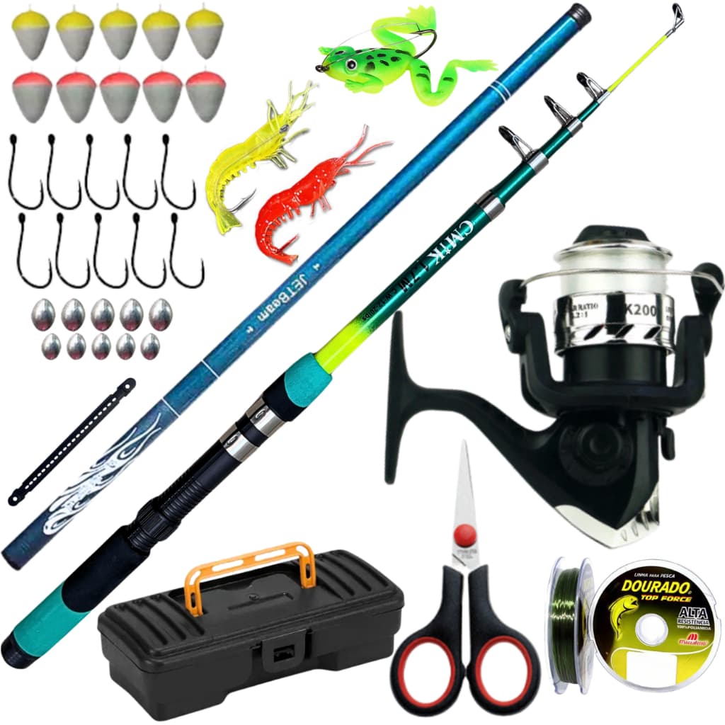 Kit Molinete de Pesca Vara Telescopica Mão 3,60 Caniço Isca Artificial Completo Presente Pai Marido