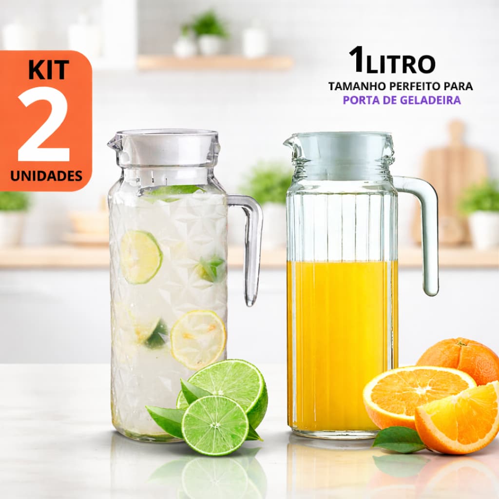 Kit Jarra Vidro Suica 1L Transparente Resistente Tampa Bebida Agua Suco Elegante Casa Cozinha