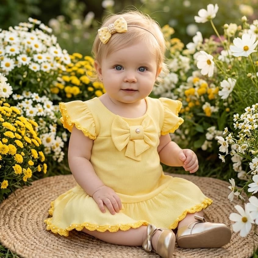 Vestido infantil bebê menina amarelo com crochê e pérolas vestido luxo algodão canelado