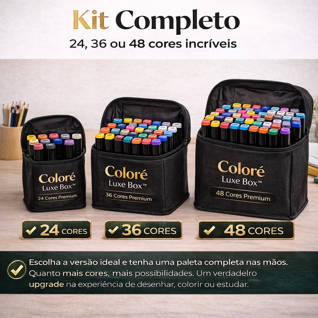 Kit Canetas Hidrográficas 24 36 48 Cores Estojo Escolar Profissional Box Canetinhas Colorir Dese