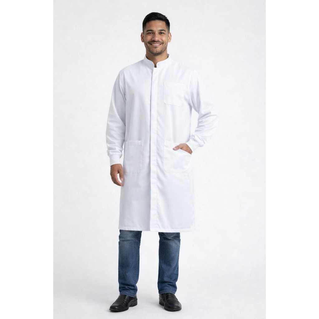 JALECO UNISSEX GOLA PADRE PUNHO DE RIBANA. JALECO PERSONALIZADO. JALECO MASCULINO CORTE RETO