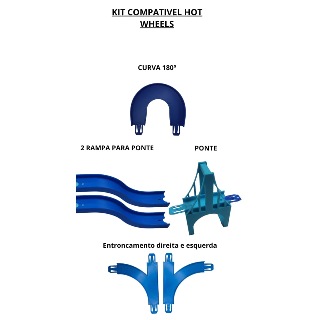 Kit compatível Hot Wheels - 6 PEÇAS -Curva 180º + Ponte + 2 Rampa pra Ponte + Entroncamento 2 lados