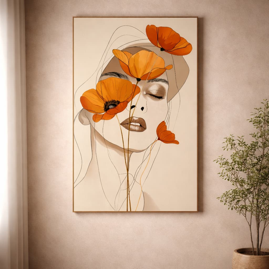 Quadro Decorativo Retrato de Rosto Feminino Suave Rodeado Por Papoulas Laranjas Clean Minimalista