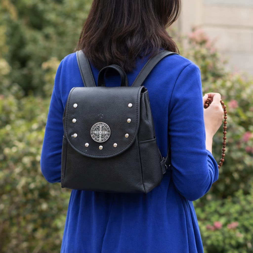 Bolsa Mochila ou Transversal Feminina Média com Medalha São Bento ou Nossa Senhora das Graças