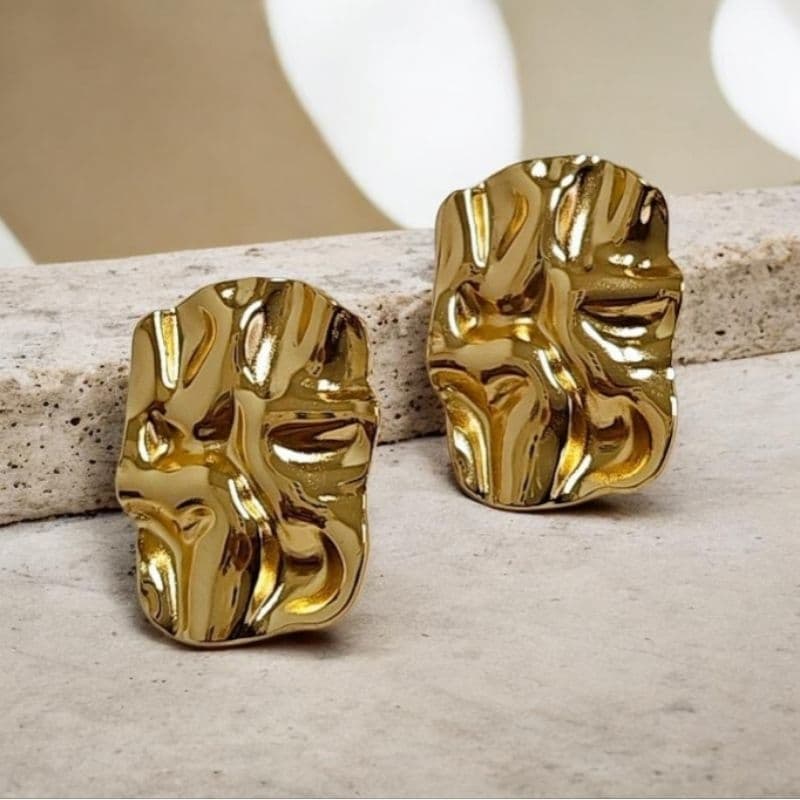 Brinco Retangular Orgânico Aço Inoxidável Semijoia Banho Ouro 18k