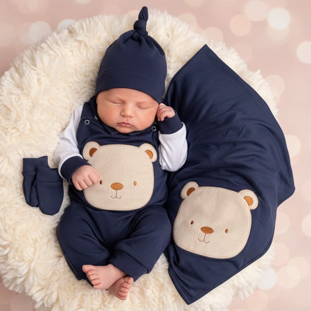 Saída de Maternidade Roupa Para Bebê Menino Ursinho Marinho 04 Peças