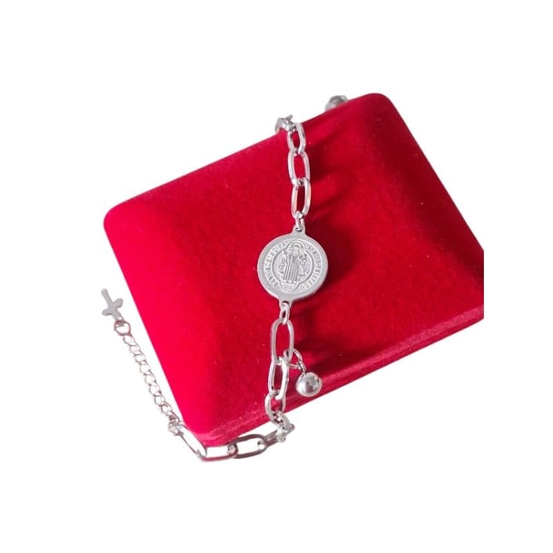 Pulseira Únissex Medalhinha São Bento Proteção Aço Inoxidável Moda