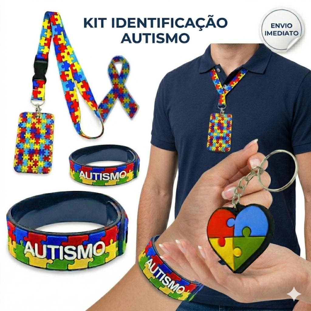 Porta Crachá com Cordão Autismo Kit com Pulseira, Chaveiro e Adesivo Kit Completo de Identificação Bilhete Único TEA TOD