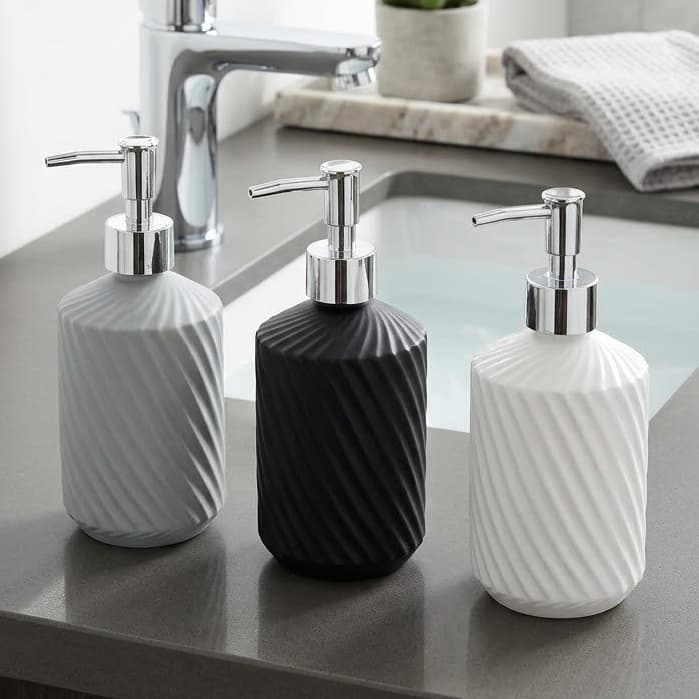 Frasco Porta Sabonete Liquido 390ml Ceramica Redondo Válvula Prata para Banheiro
