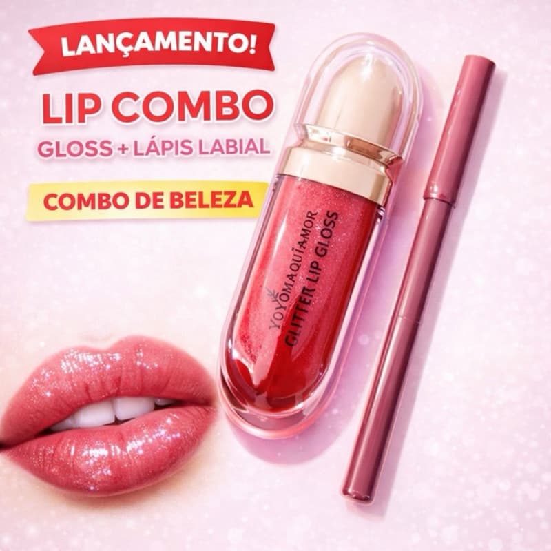 Kit Gloss Glitter + Lápis. Gloss Vermelho Efeito Lábios Volumosos e Espelhado Brilho Intenso