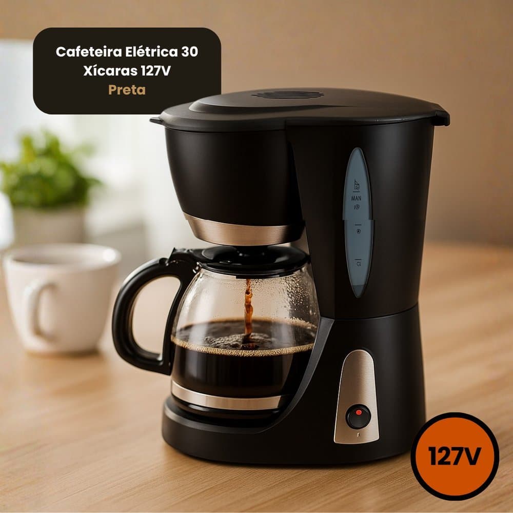 Cafeteira Elétrica 30 Xícaras 127V 800W 1,2L com Jarra de Vidro Filtro Permanente Antigotejamento Preta