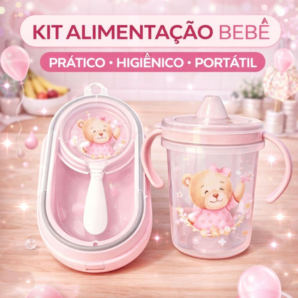 Kit Alimentação Infantil Introdução Bebê Pote Papinha Colher e Copo Treinamento Tampa Alça e Bico