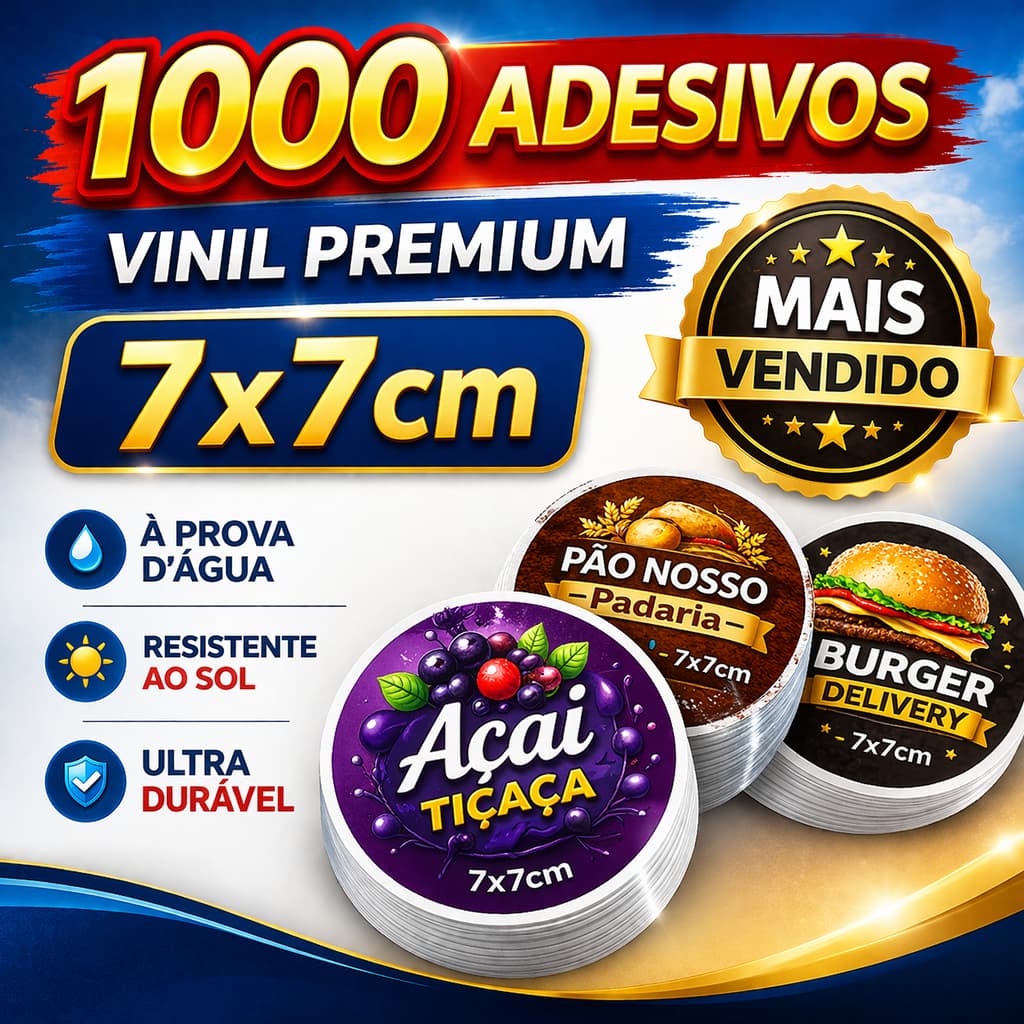 1000 Adesivos Vinil 7x7cm Personalizados | À Prova D’Água | Alta Durabilidade | Para Delivery e Embalagens