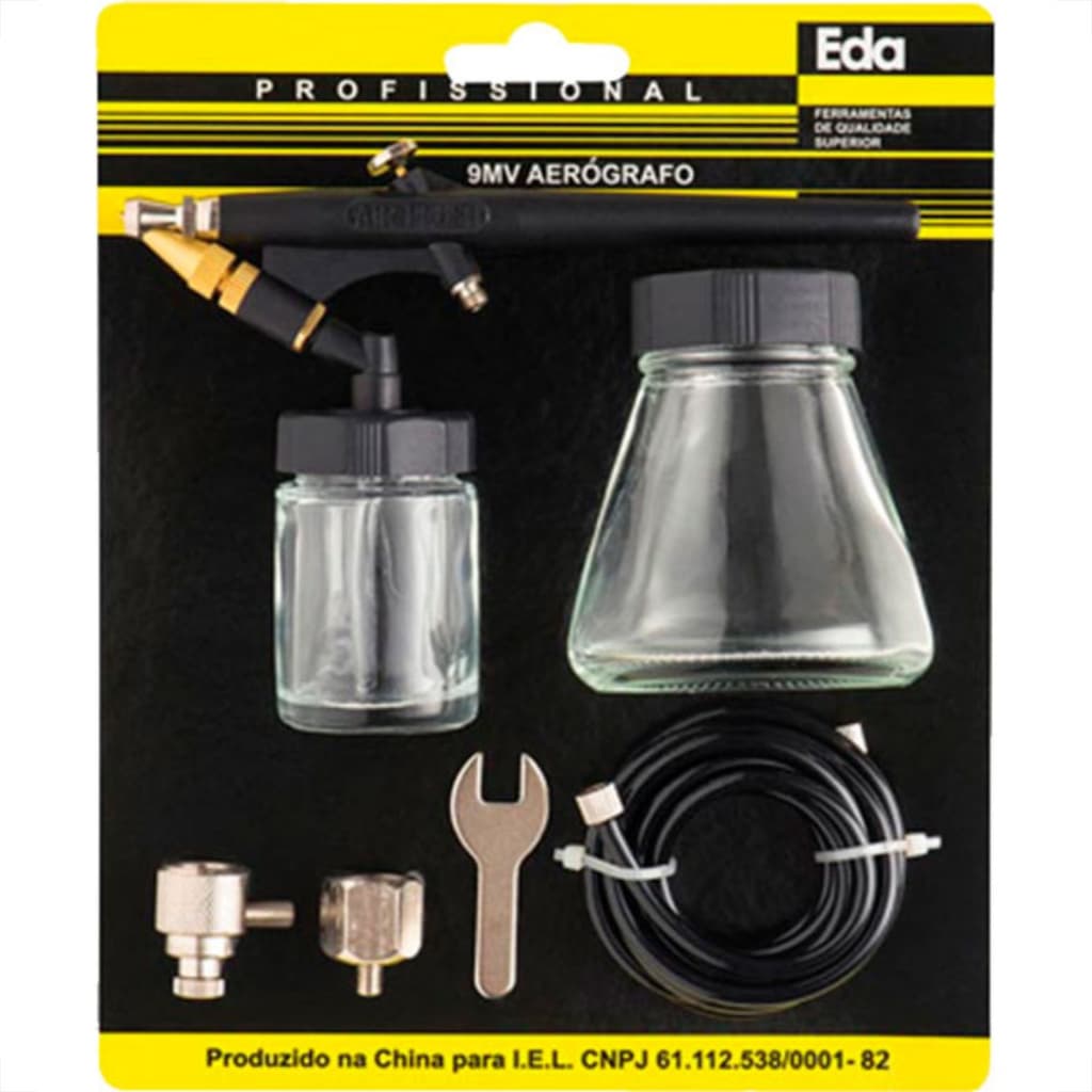Aerógrafo de Ação Simples Eda Preto 50 Psi com Kit Mangueira e Recipiente