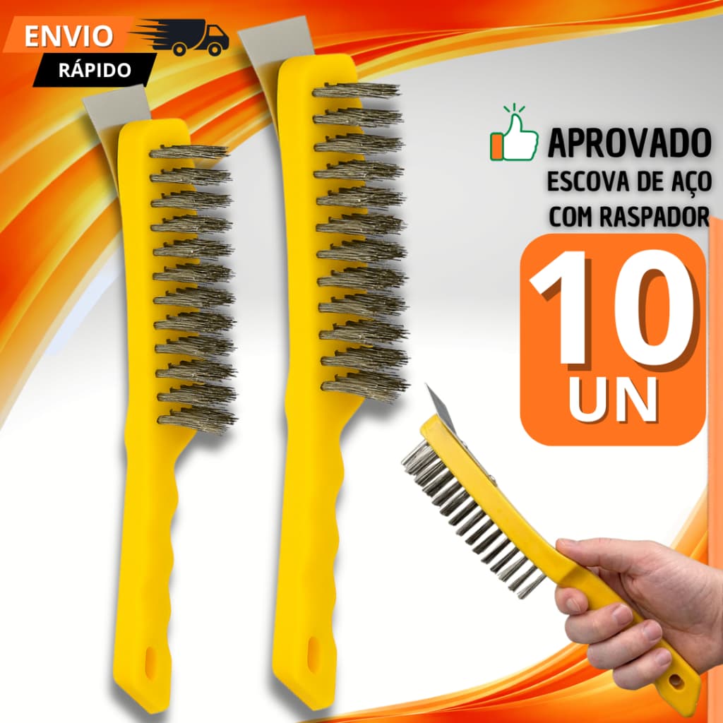 Kit 10 Escova Limpa Grelha Com Cerdas De Aço Inox E Raspador Integrado