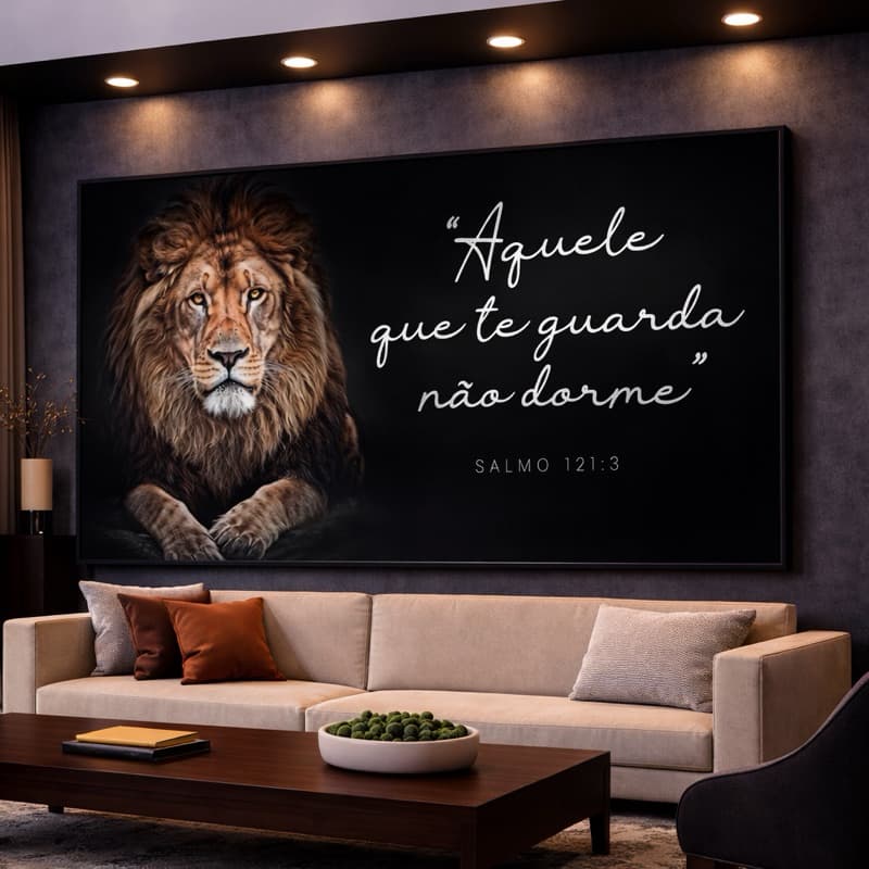 Quadro Decorativo Leão Aquele Que Te Guarda Não Dorme Salmo Sala Quarto Hall