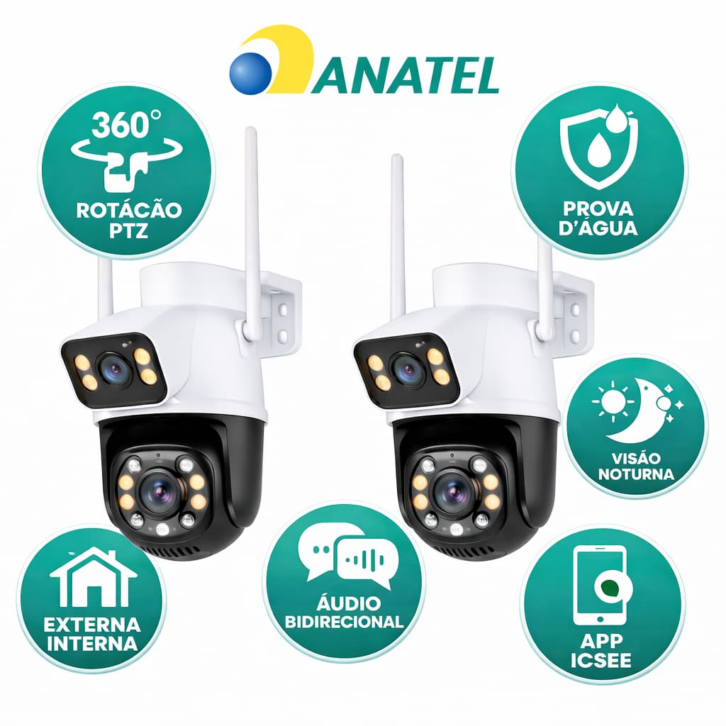 Kit 2 Câmera Segurança Dupla WiFi PTZ 8MP 4K 360° Rotação Prova D Água Visão Noturna ICSee Segurança