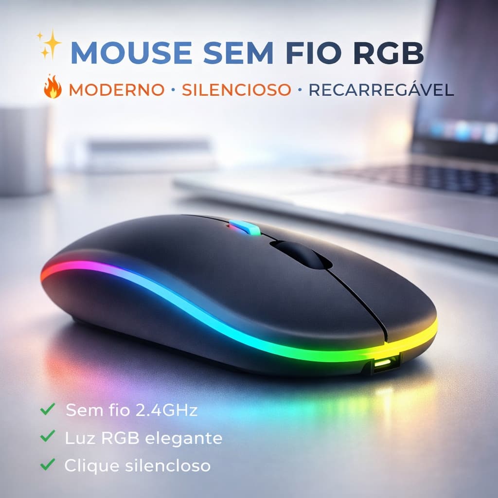 Mouse Sem Fio Wireless Recarregavel Led Rgb 2,4GHz Bluetooth Bateria Interna Ergonômico Silencioso
