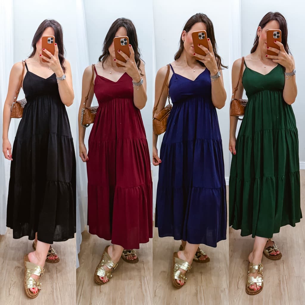 Vestido Longuete 3 Marias Feminino Viscolinho Forrado Alça Regulável Lastex Costas Elegante Confortável Tendência 2026