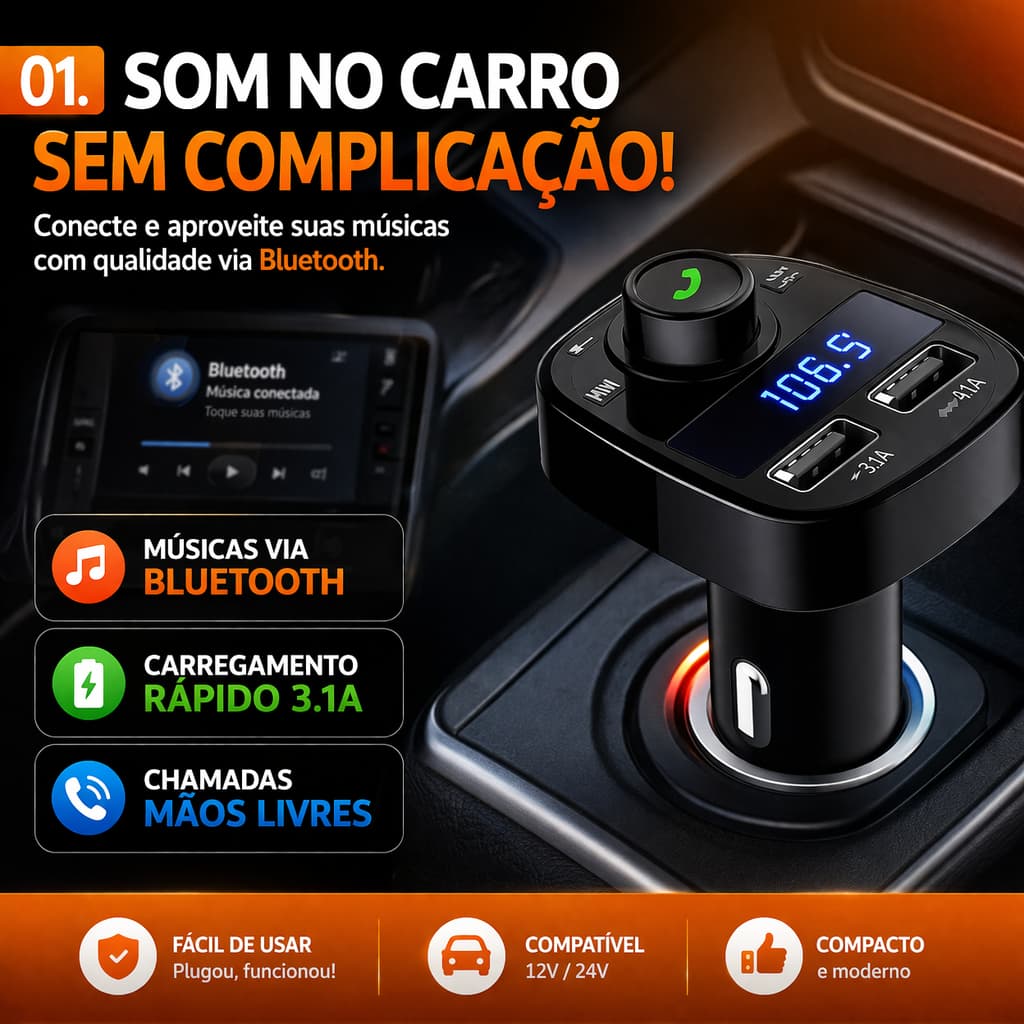 Transmissor FM Bluetooth Veicular X8 Carro USB Carregador Rápido 3.1A Mãos Livres Som Automotivo