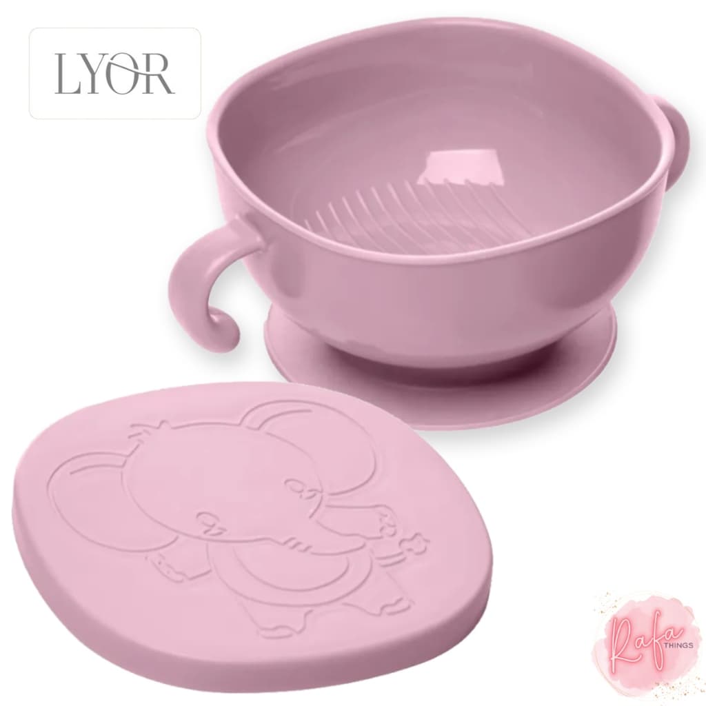Prato Bowl Bebê com Ventosa Tampa e Alça - Lyor Elefante Rosa ou Azul Alimentação Divertida Infantil