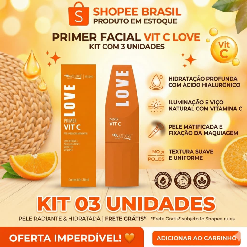 kit 3 prime facial vitamina C love + pele lisa + hidratada + fixa maquiagem + make duradoura + pele sem poros