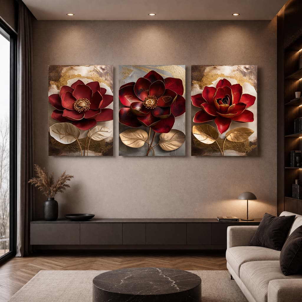 Quadro Decorativo 122x60 Flores em Alto Relevo Douradas e Vermelhas Minimalista Luxo Sala Quarto