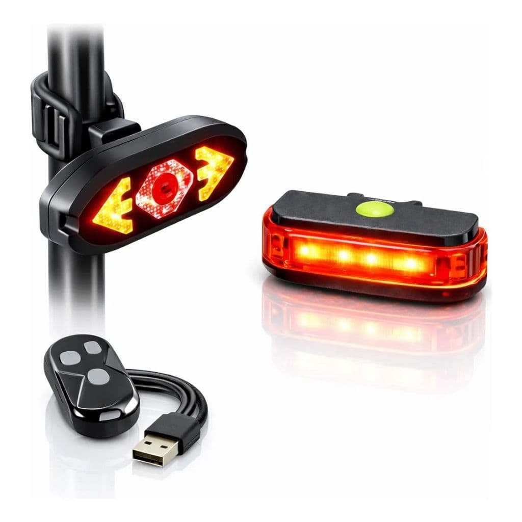 Kit Ciclista Lanterna Traseira Led C/ Seta Som Recarregável Preto + Farol Traseiro Sinalizador Usb Preto Bicicleta Bike
