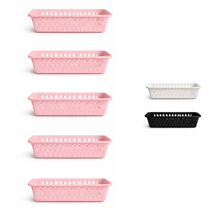 Kit 5 Cestos Organizador Multiuso 28x12x06 Grande de Gaveta Retangular Rosa, Branco e Preto