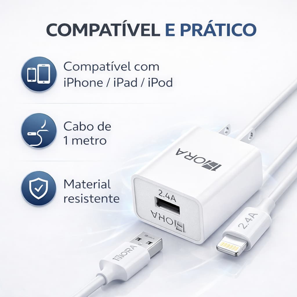 Kit Carregador iPhone 2.4A Rápido 12W + Cabo Lightning 1m Kit Completo  Plug Americano 1 HORA Iphone
