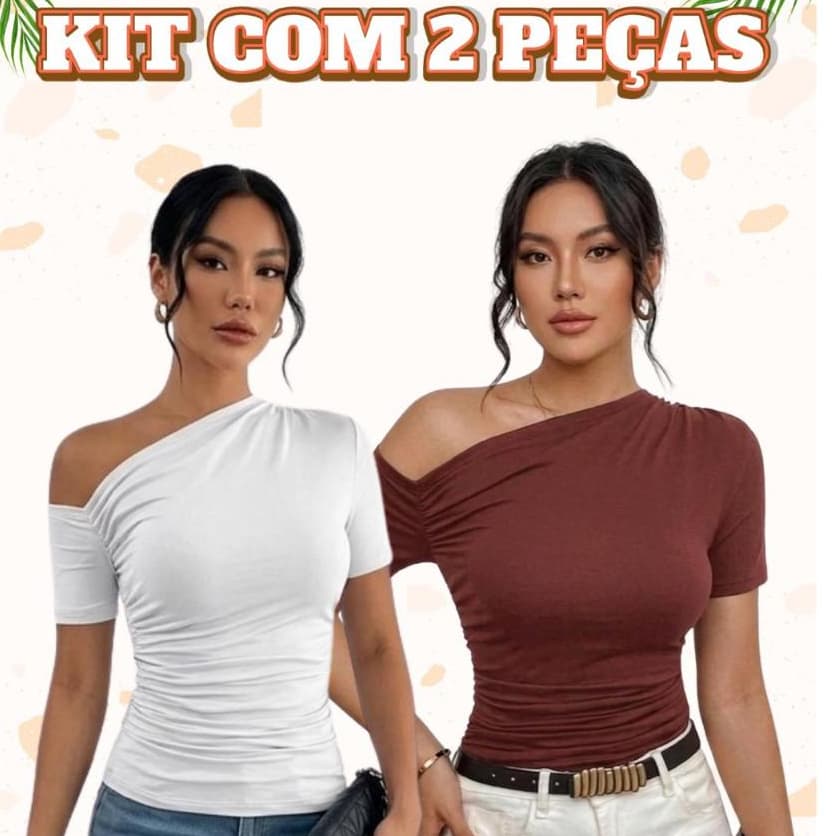 Kir 2 Blusas Feminina Suplex com Manga Curta Assimétrica Drapeada Elegante Ombro a Ombro