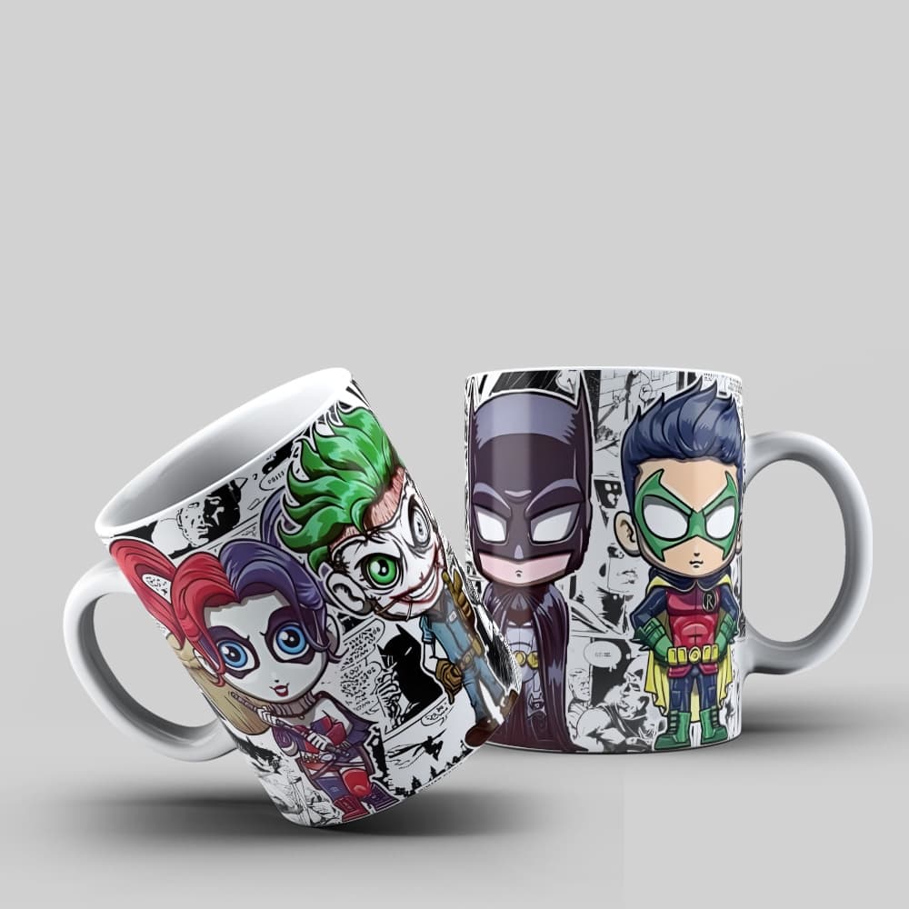 Caneca DC Comics Chibi – Batman Coringa Arlequina Robin – Estilo HQ Clássica 325ml