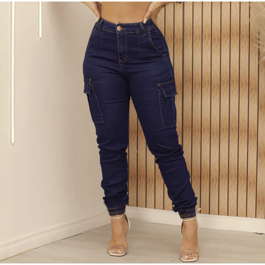 Calça Jeans Jogger Cargo Feminina Cintura Alta Com Lycra Blogueira