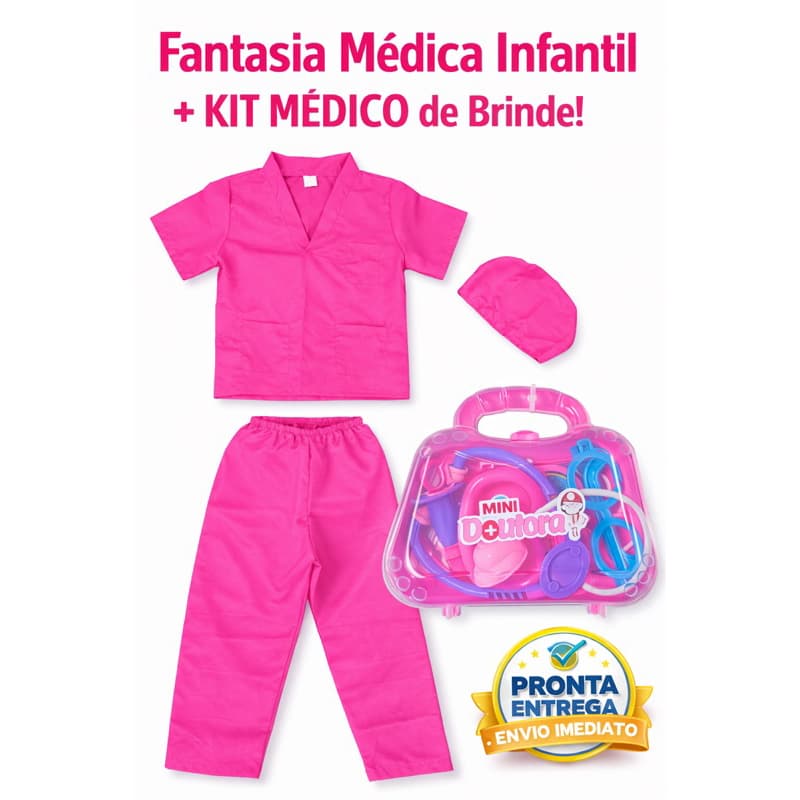 🩺 Fantasia Médica Infantil Completa Rosa + Kit Médico Brinquedo 7 Peças