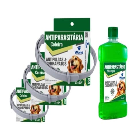 Kit 1 Shampoo 500Ml + 3 Coleiras Dugs Antipulgas e Carrapatos p/Cães 17g c/ 56cm- World Veterinária