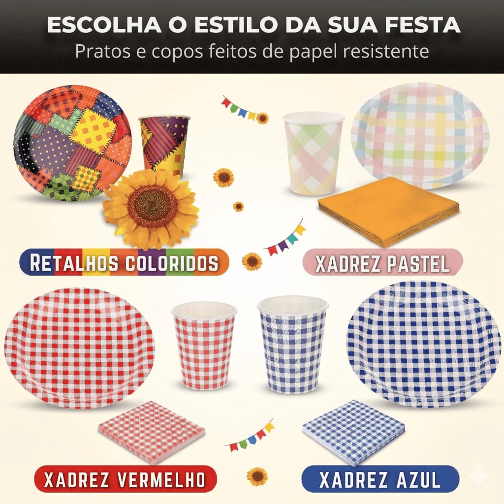 Kits 40/80/120 Itens Festa Junina Descartável Prato + Copo + Guardanapo 4 Modelos São João Arraiá